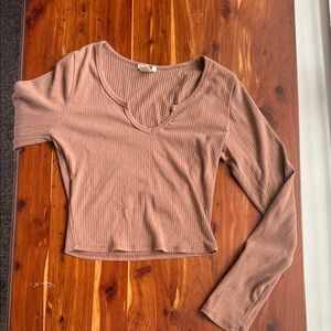 Ribbed Long Sleeve Crop Top - Brown